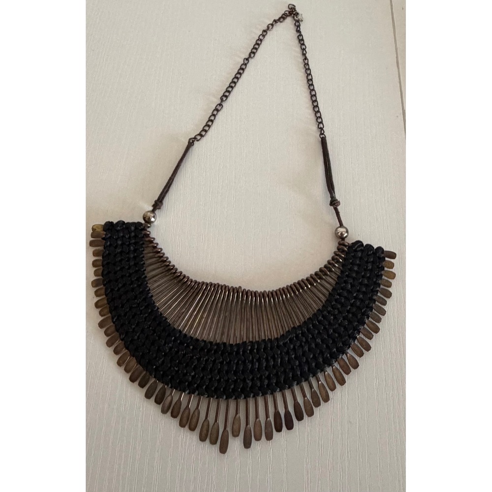 Boho Woven Black Cord and Bronze Tone Metal Paddle Statement Bib Necklace